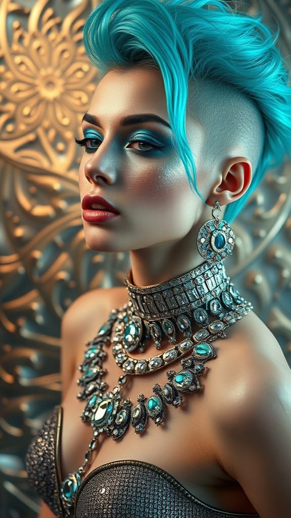Androgynous Figure in Glittering Neon Aquamarine Hair and Si...