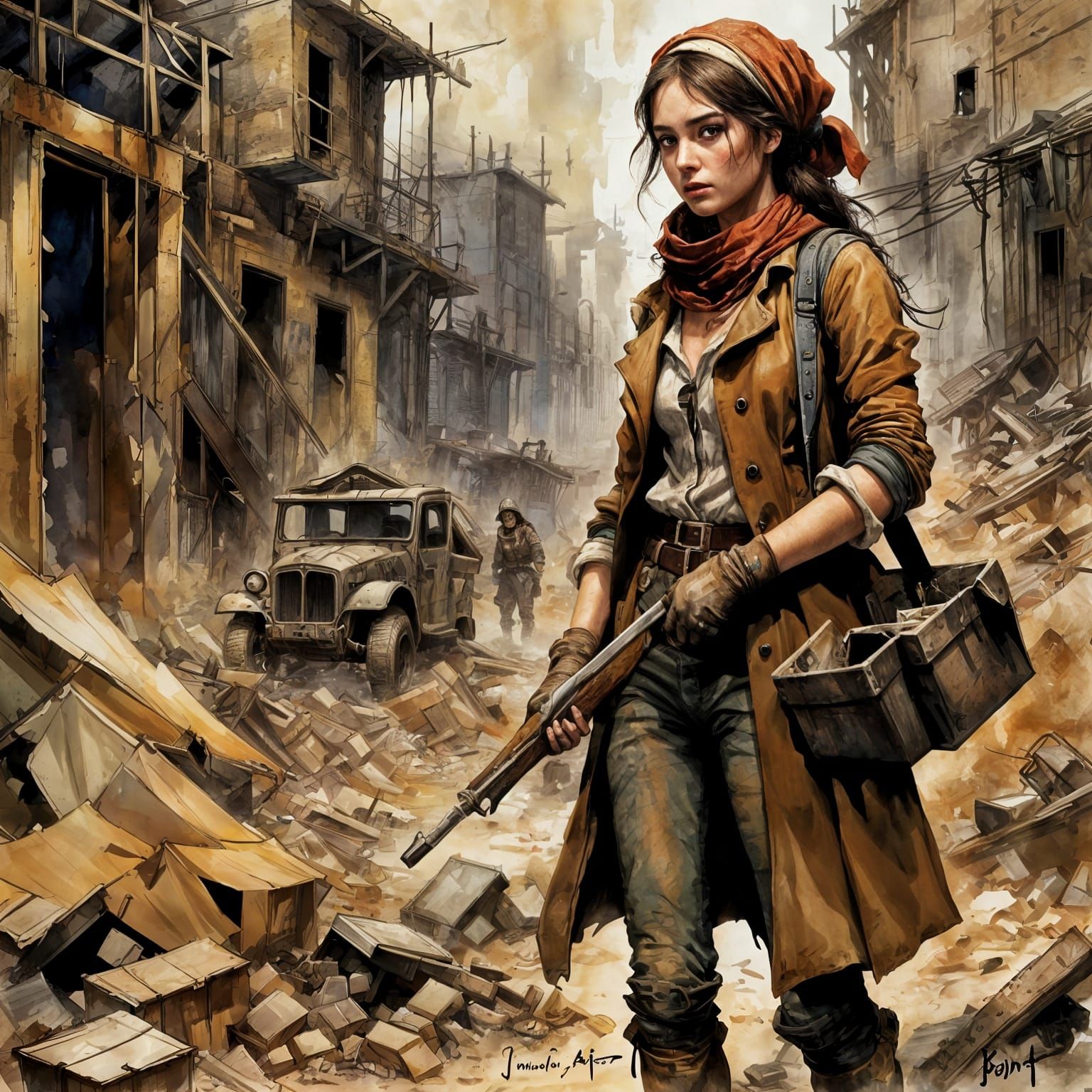 Eponine in Post-Apocalyptic Wasteland: Watercolor Art