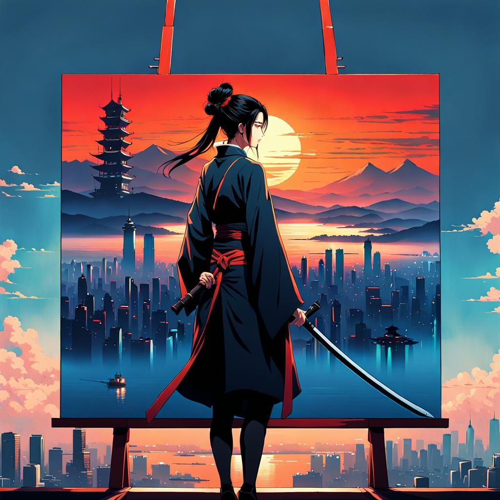 Woman Gazing at Cityscape Painting in Anime Style
