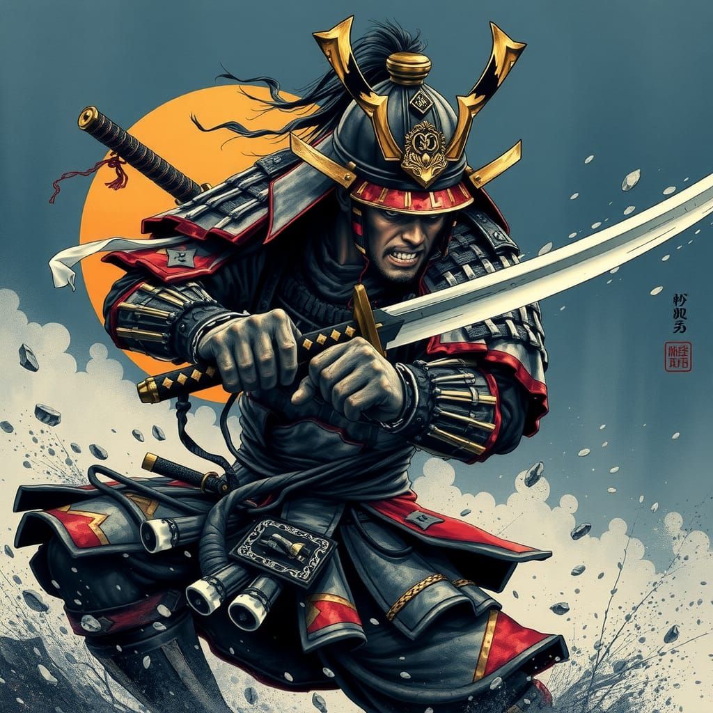 Fierce Samurai Warrior in Dramatic Combat Pose
