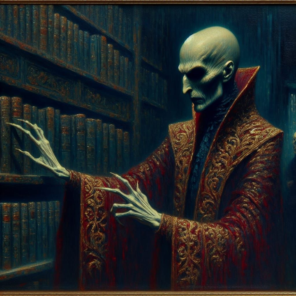 Dark Realist Vampire Figure in Crimson Robes in a Shadowy Li...