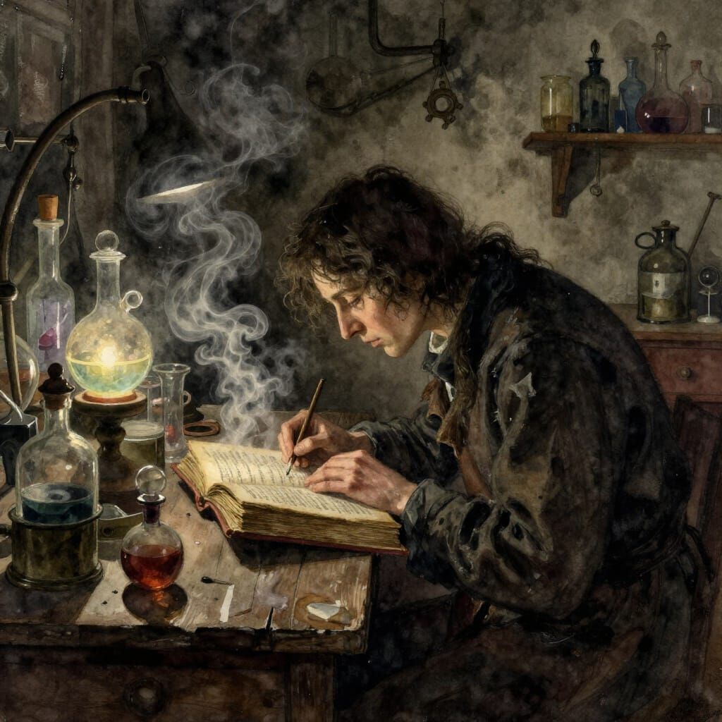 Alchemist's Obsessive Work in Gritty Watercolor Lab