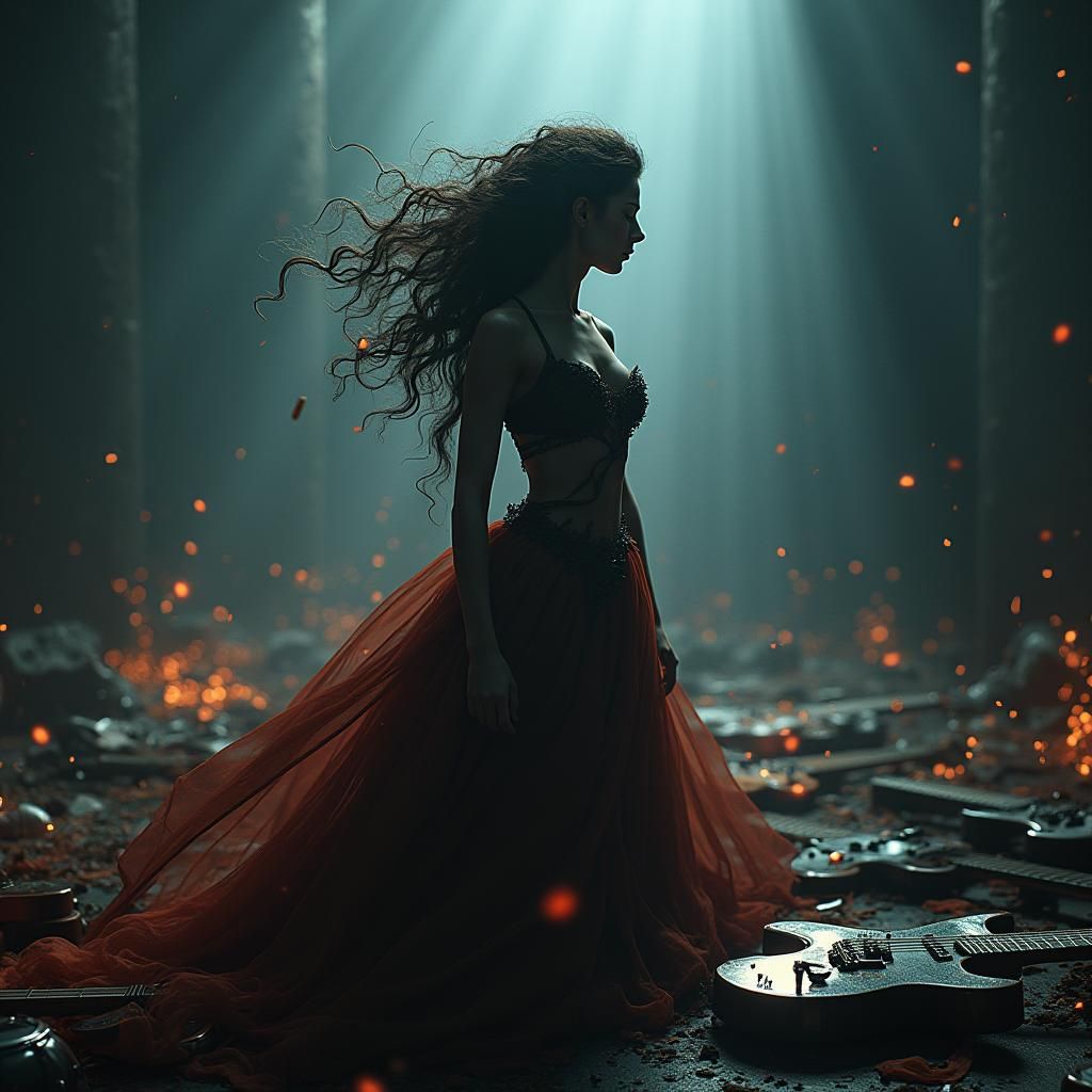 Woman Silhouetted in a Dark, Musical Dreamscape