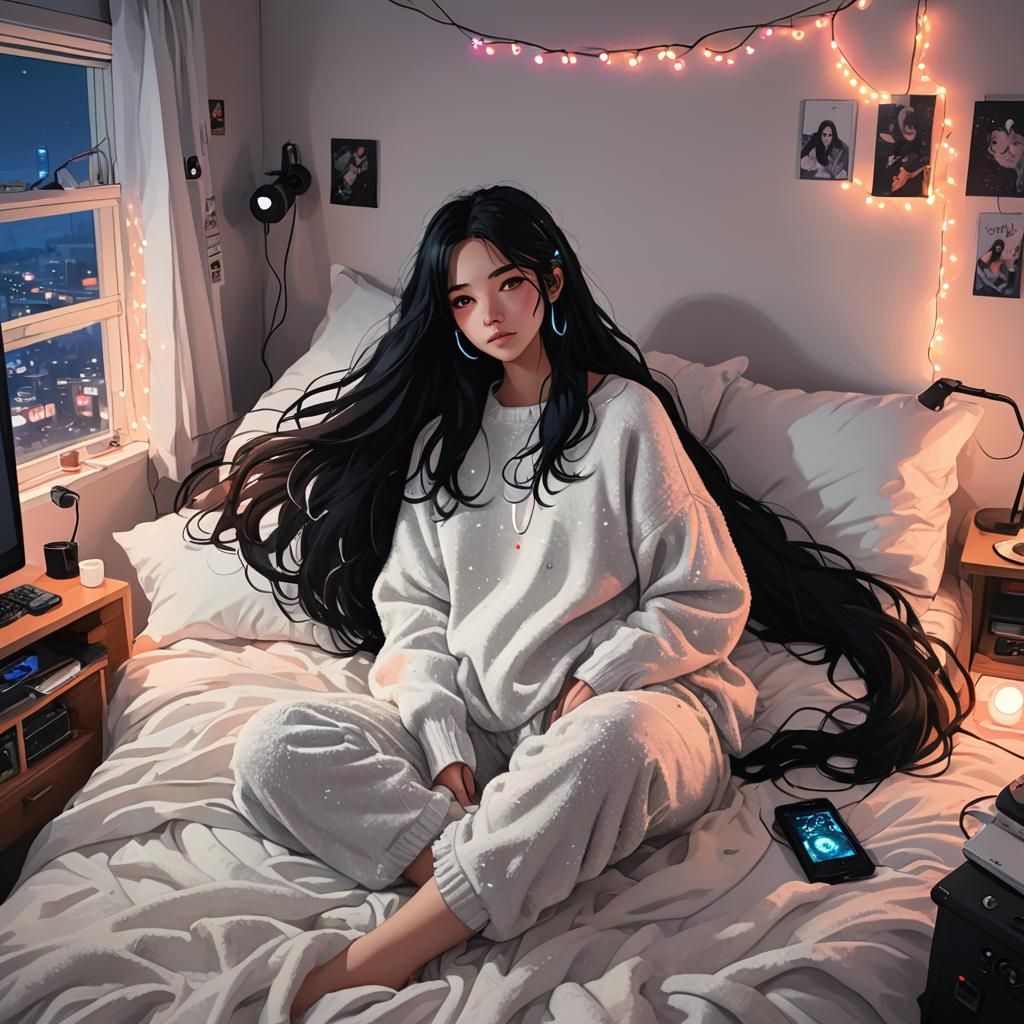Cozy Anime Girl Listening to Music in Neon Room