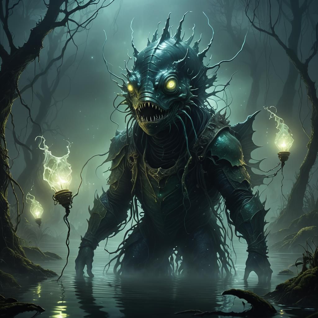 Mystical Anglerfish Man in Misty Swamp Concept Art