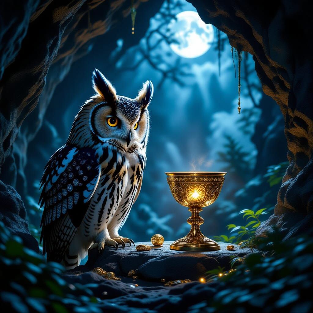 Ancient Owl Guards Jewel-Encrusted Goblet in Moonlit Cave