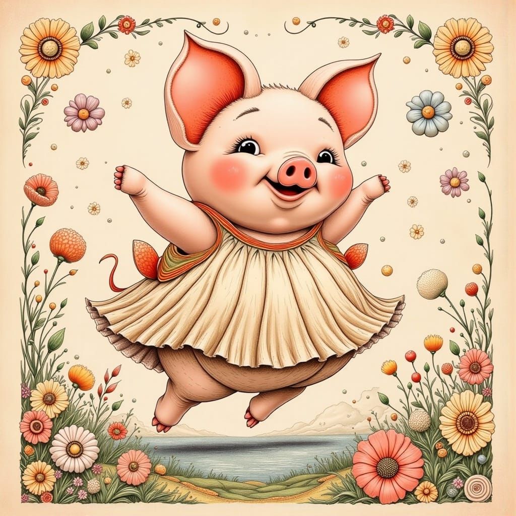 Whimsical Piggy Twirling in Pastel Fairytale Setting
