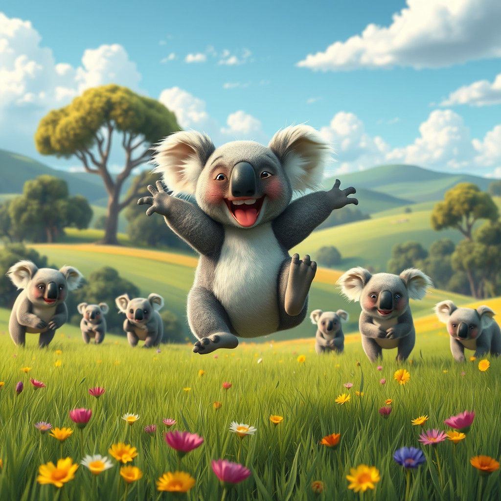 Playful Koala's Joyful Leap in Lush Meadow
