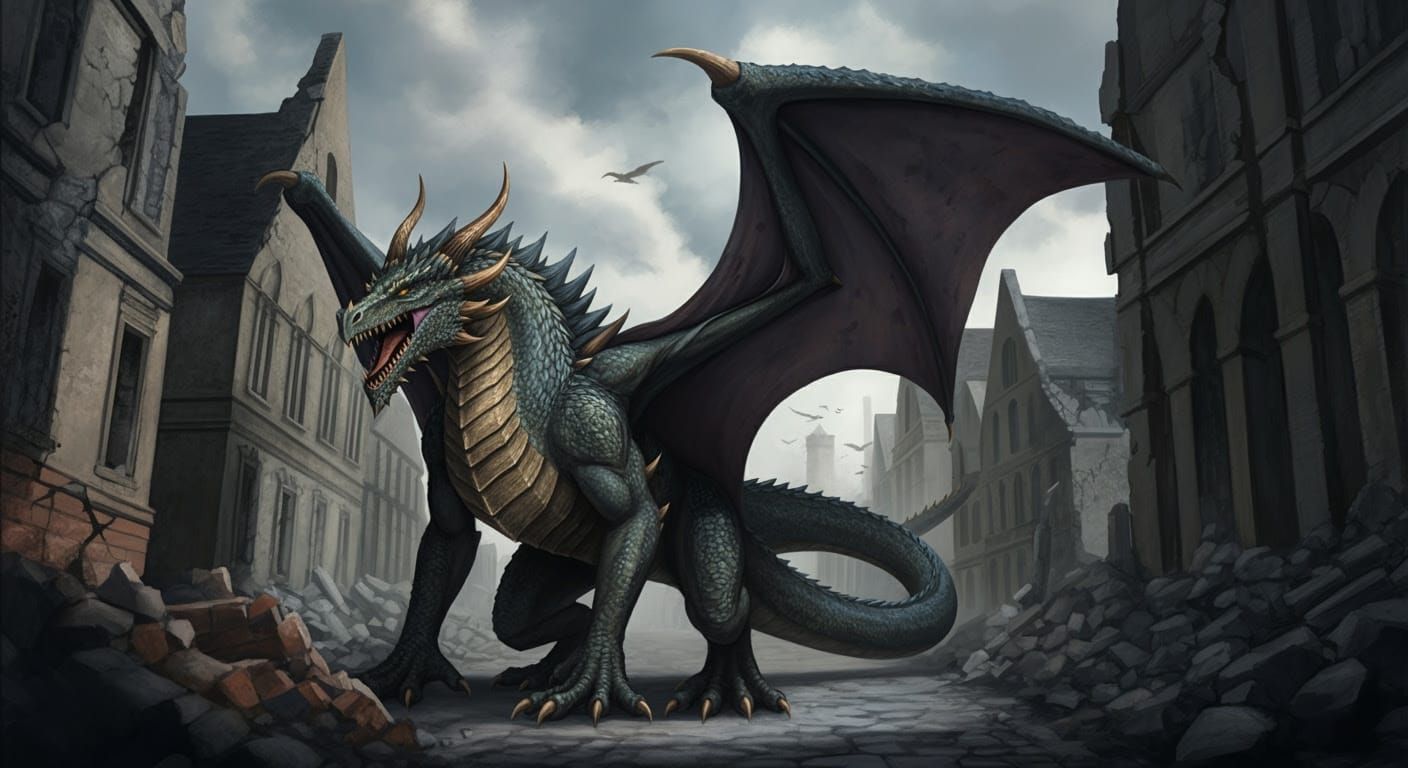 Epic Dragon in Ruined City Streets