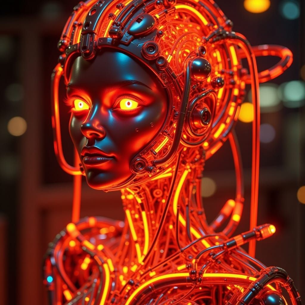 Hyperrealistic Cyborg in Futuristic Neon Cityscape