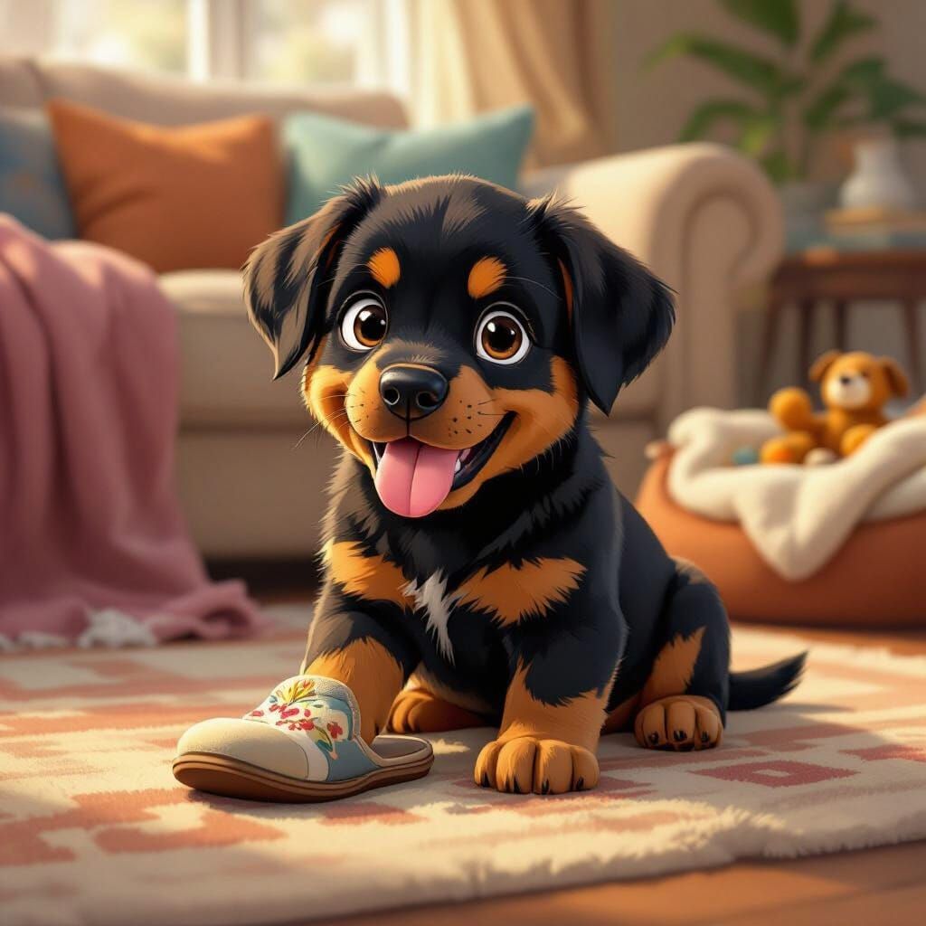 Rottweiler Puppy Chewing Slipper in Cozy Living Room