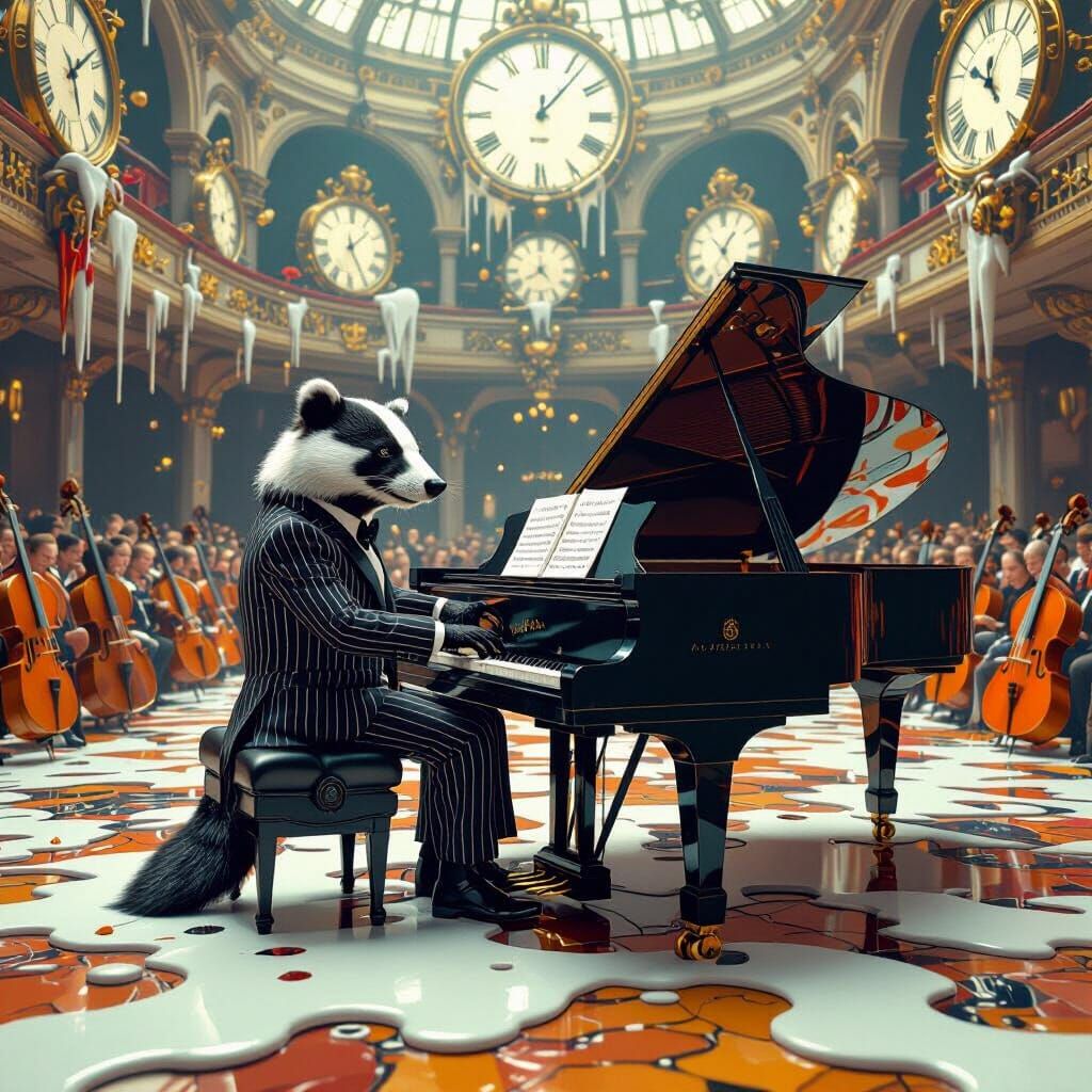 Badger Pianist with Melting Clocks: A Surrealist Vision