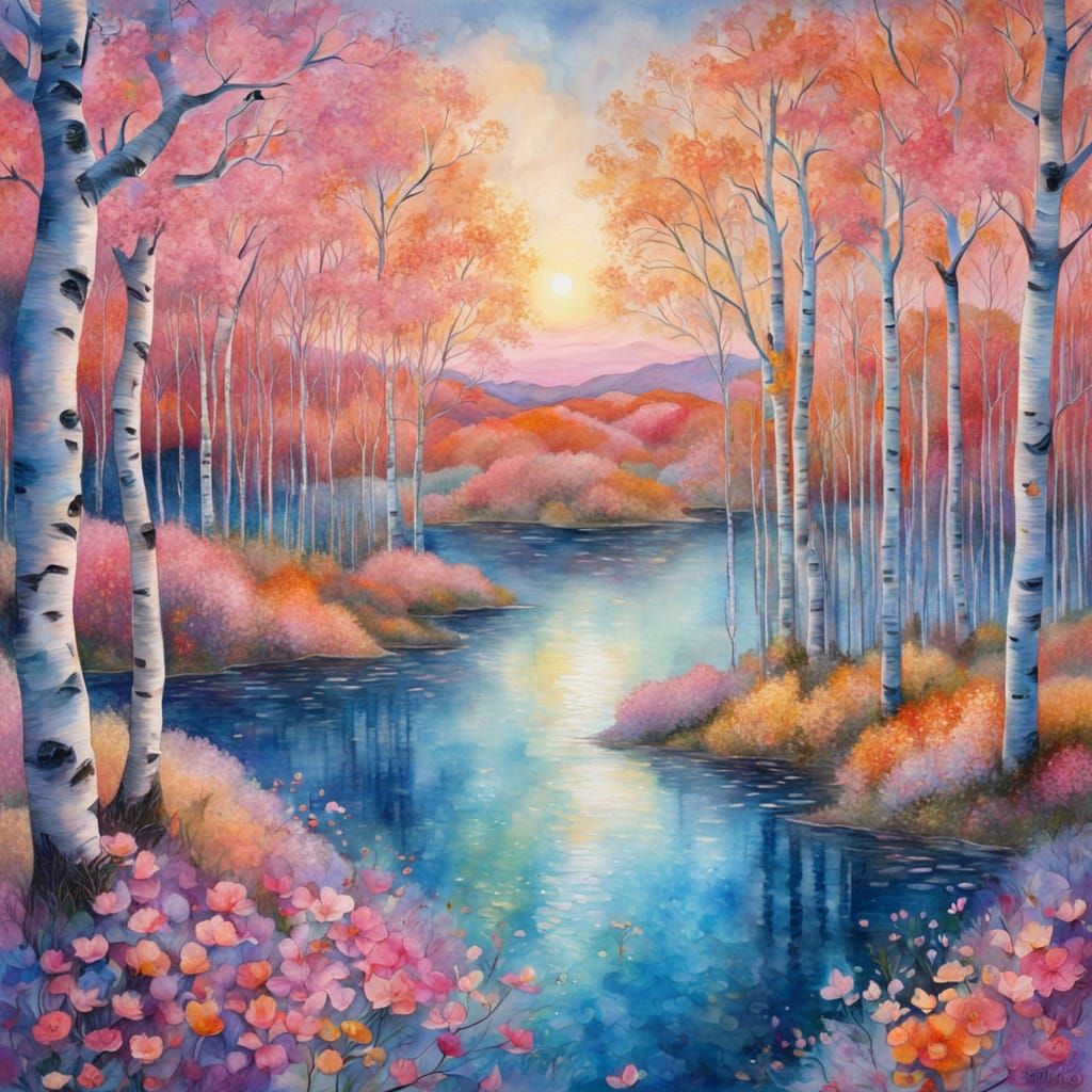 Dreamlike Lake with Birch Trees in Klimt Style