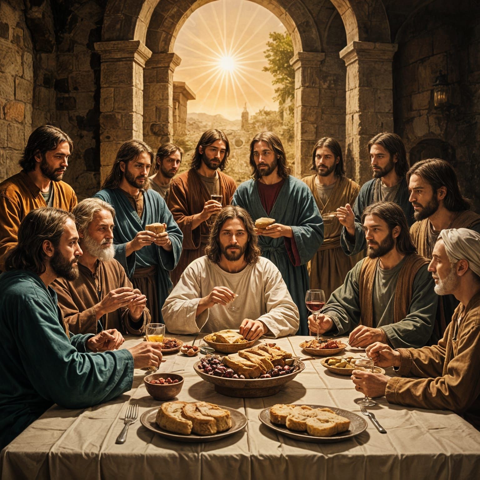 Jesus and Disciples Sharing Bread and Wine