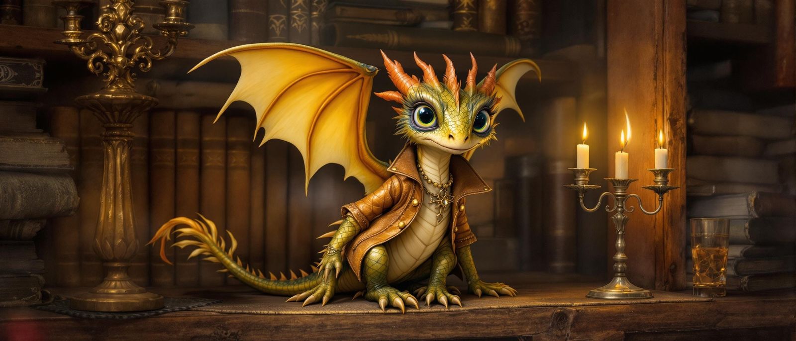 Golden Dragon in Vintage Library, Fantasy Art