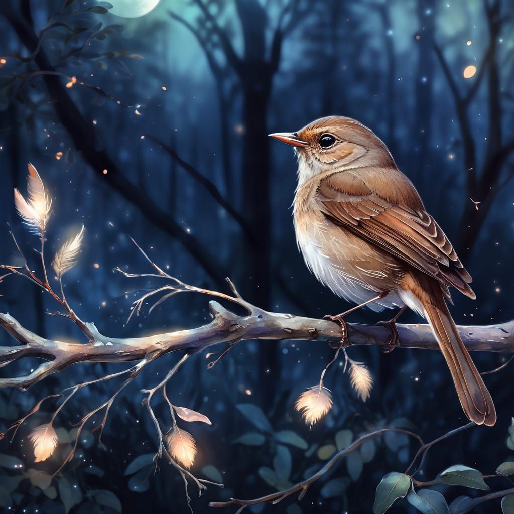 Enchanting Nightingale in Moonlit Forest, Watercolor Style
