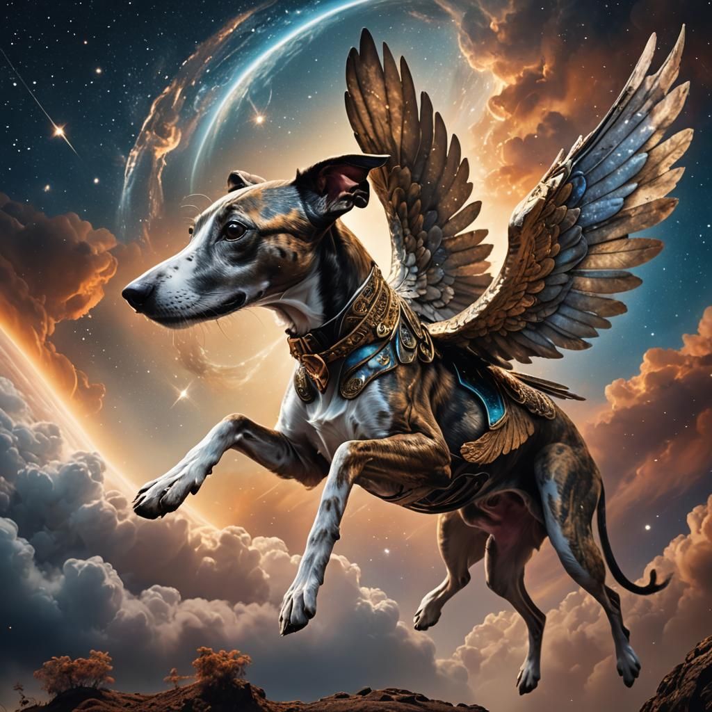 Winged Whippet Embraces Earth: Fantasy Concept Art