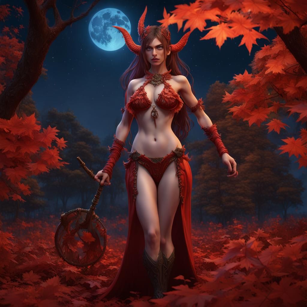 Demon Princess in Red Maple Forest: Fantasy Concept Art