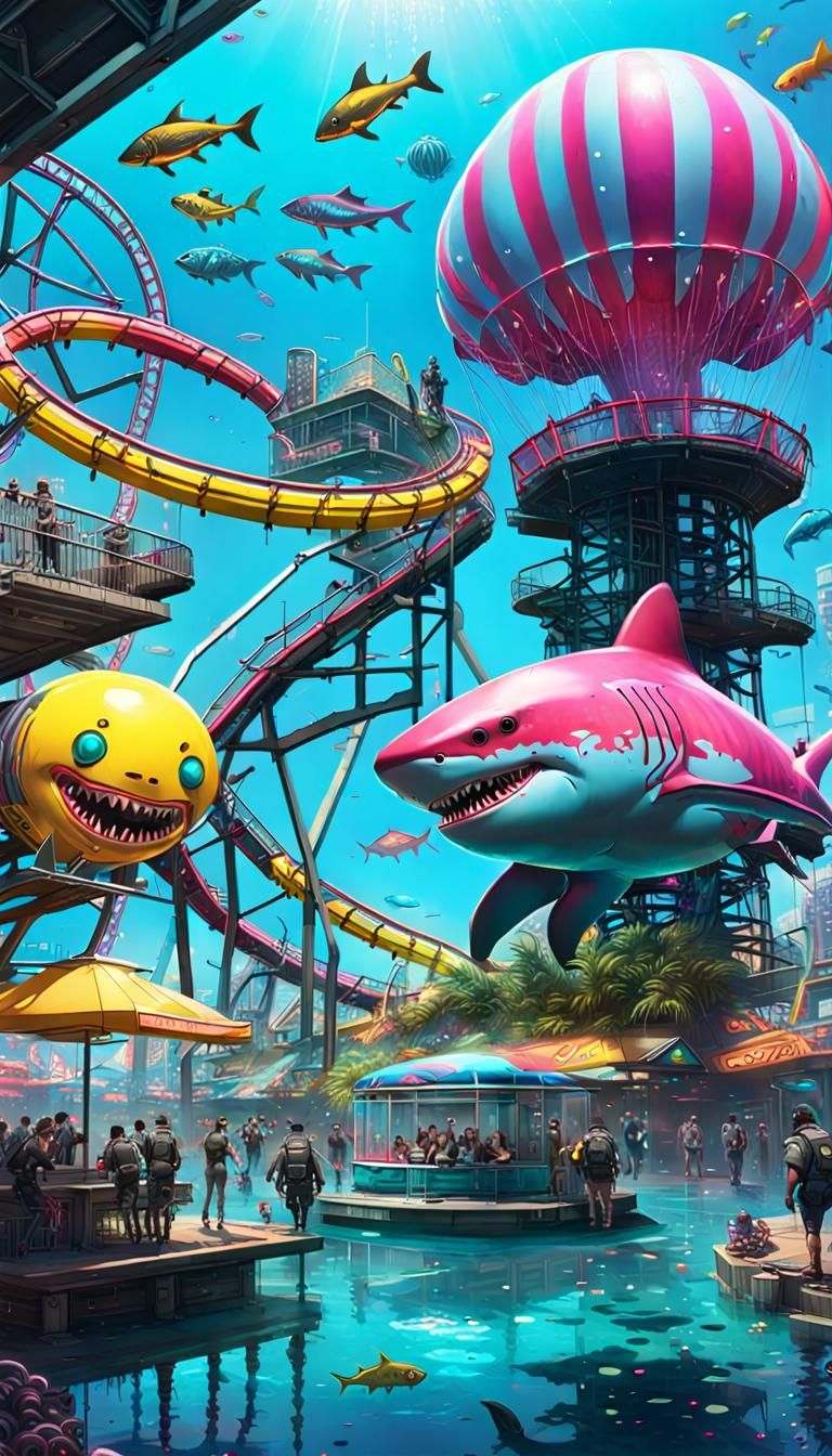 Cyberpunk Underwater Theme Park with Neon Graffiti