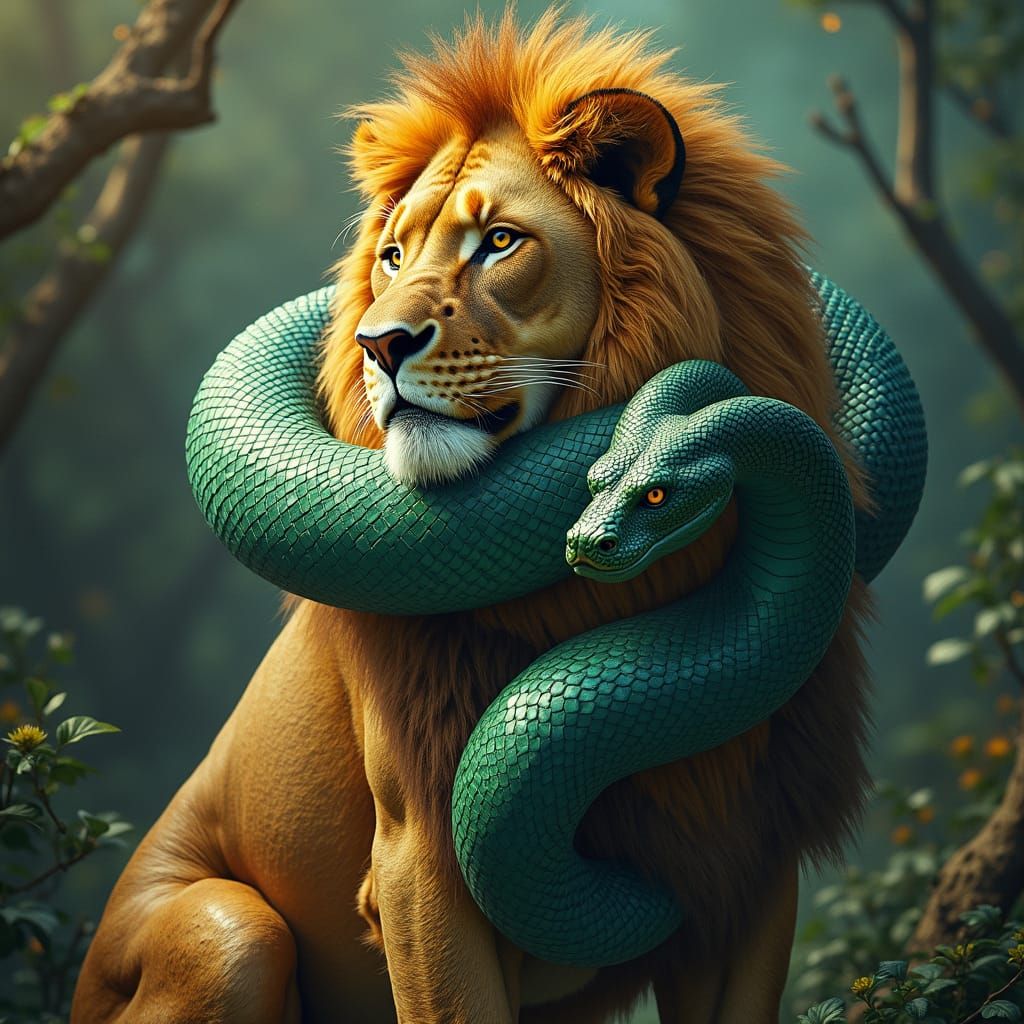 Majestic Lion with Snake in Fantasy Savannah