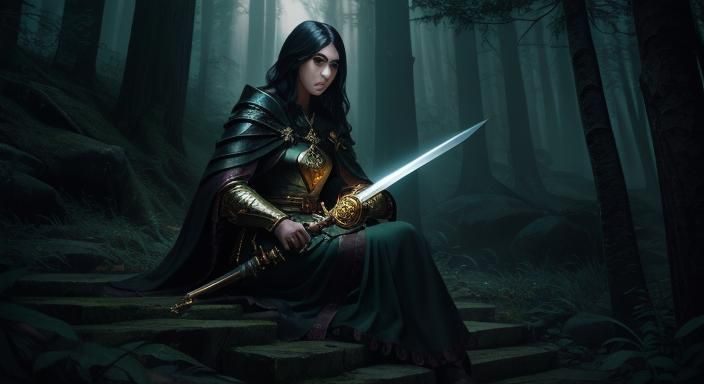 Dark Fantasy Woman with Dog on Stone Steps