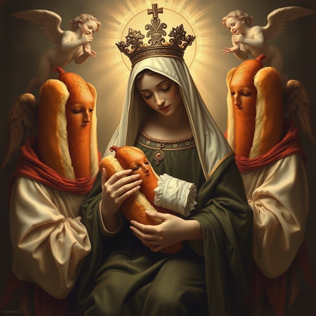 Renaissance Hotdog Madonna and Child Painting
