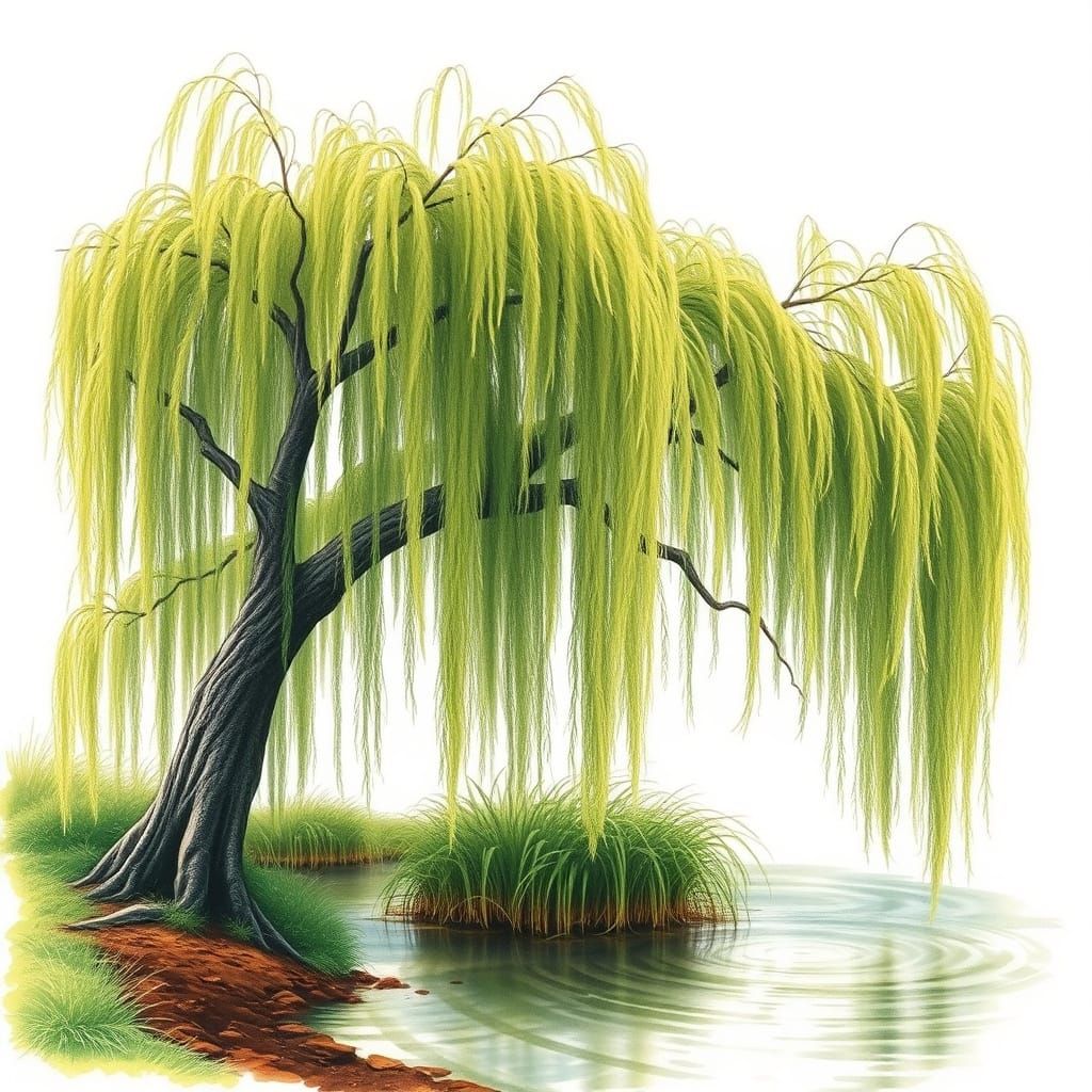 A grand willow tree stands gracefully near the water’s edge, its long, sweeping branches swaying gently in the breeze, c...