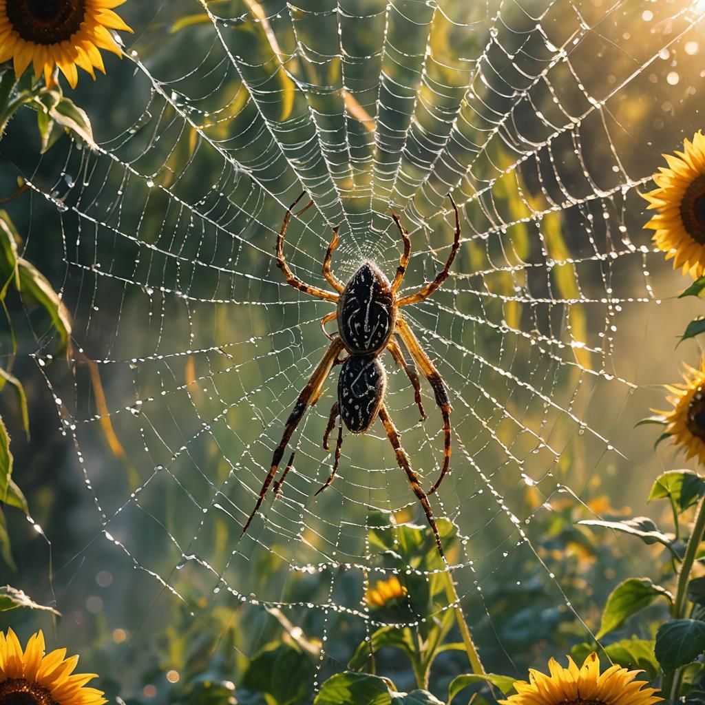 Spider Weaving Web in Dew, Hyperrealistic Oil Painting