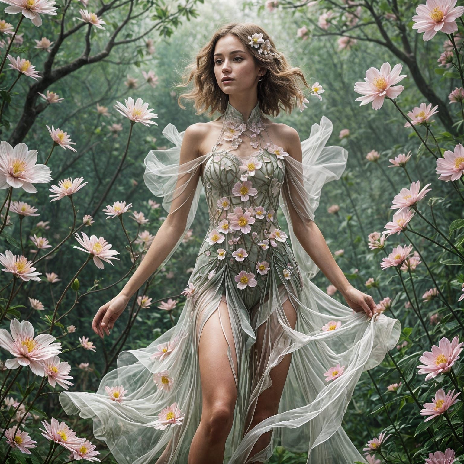 mesmerizing fusion of nature and beauty, where a delicate flower blossoms into an elegant female figure. Her body emerge...