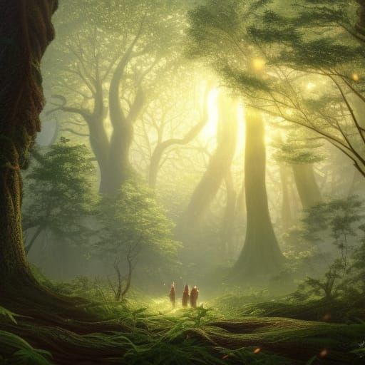 Whimsical Woodland Scene in Vibrant Triadic Colors