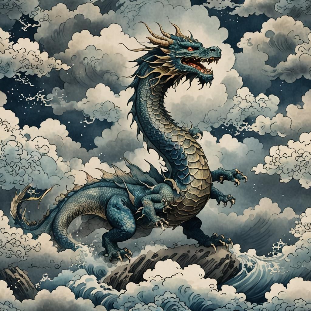Japanese watercolor of a mystical dragon rising from the clo...