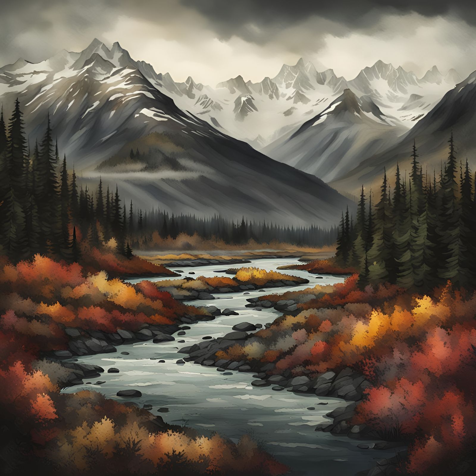 Moody Autumn Alaska Landscape in Watercolor Style