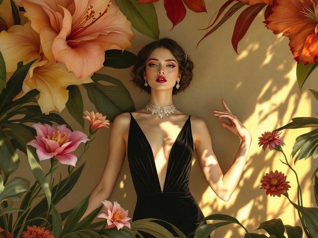 Art Deco Woman with Tropical Flowers Portrait