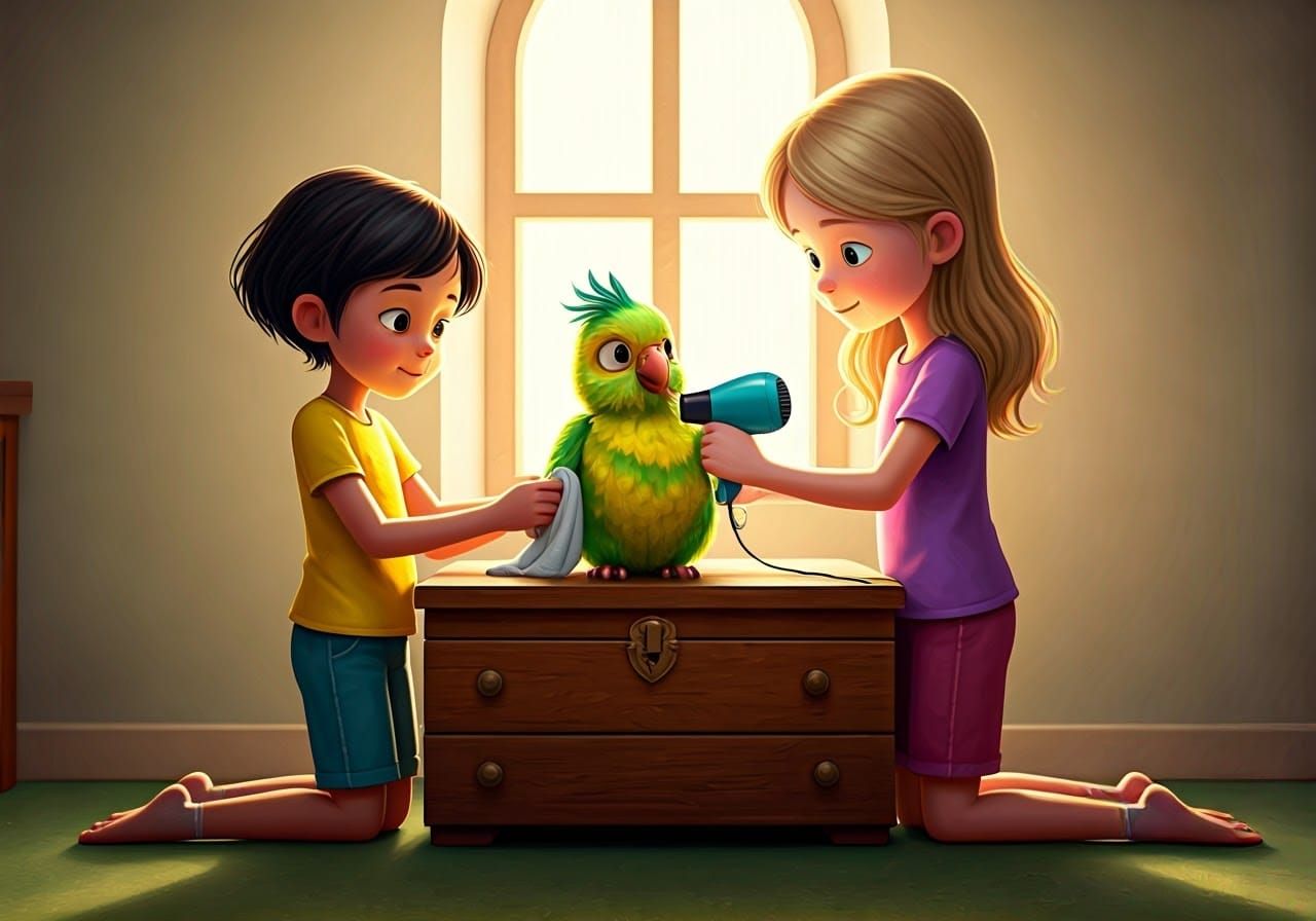 Whimsical CGI Scene of Girl Tending to Rainy Day Bird
