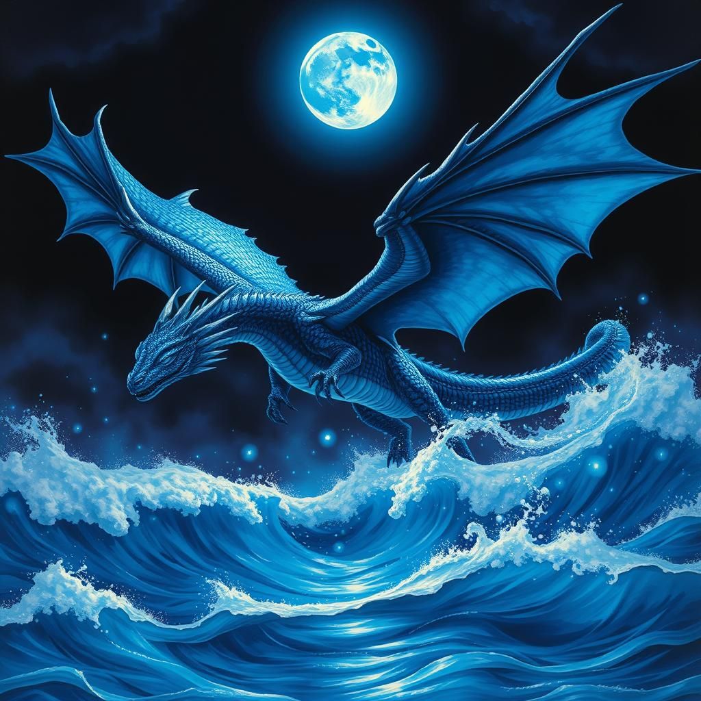 Majestic Blue Dragon Soaring Under Blue Moon