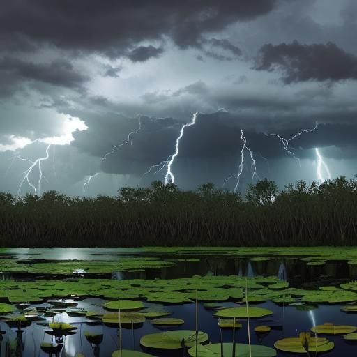 Dramatic Thunderstorm over Alligator-Filled Mangrove Swamp