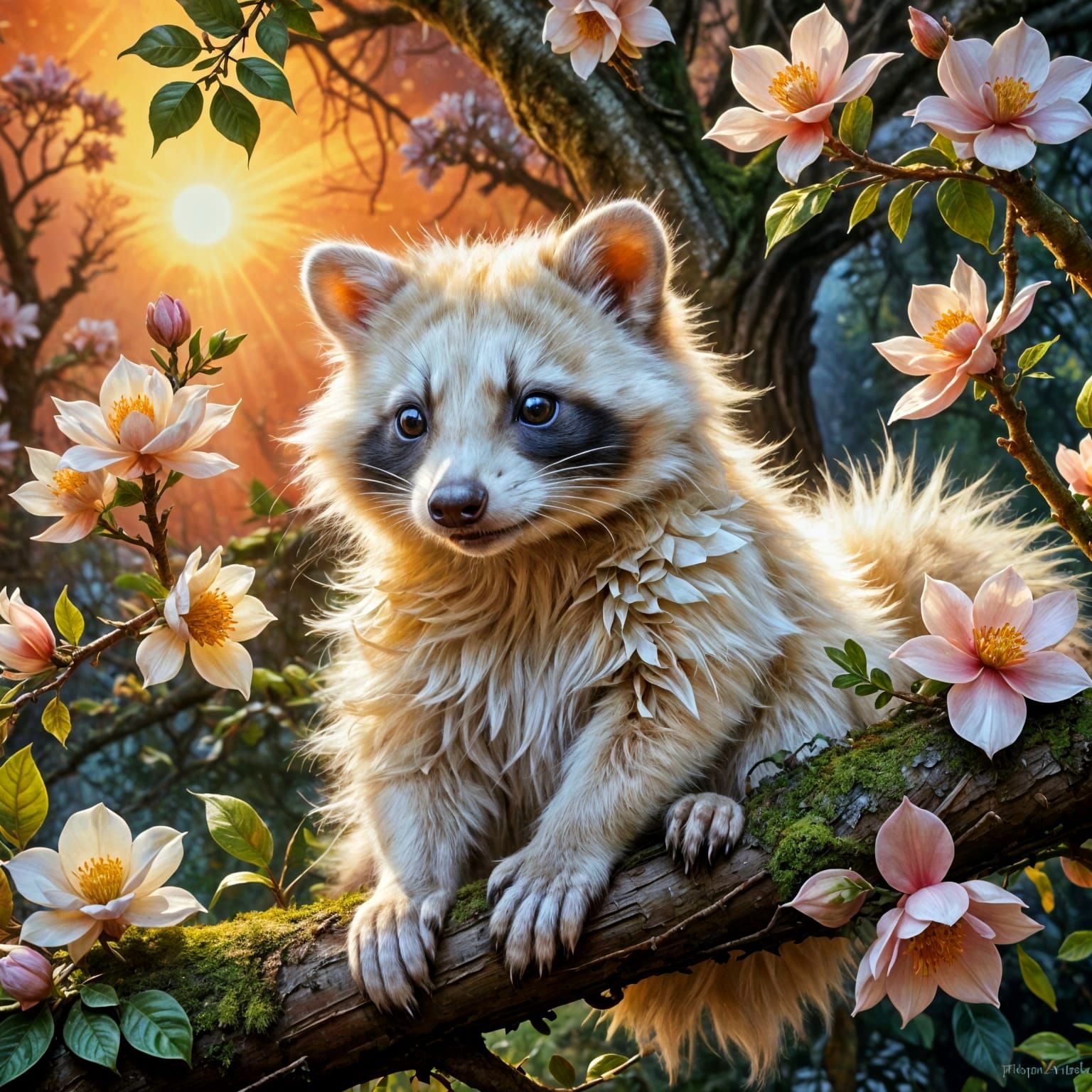Whimsical White Raccoon in Sunset Bloom