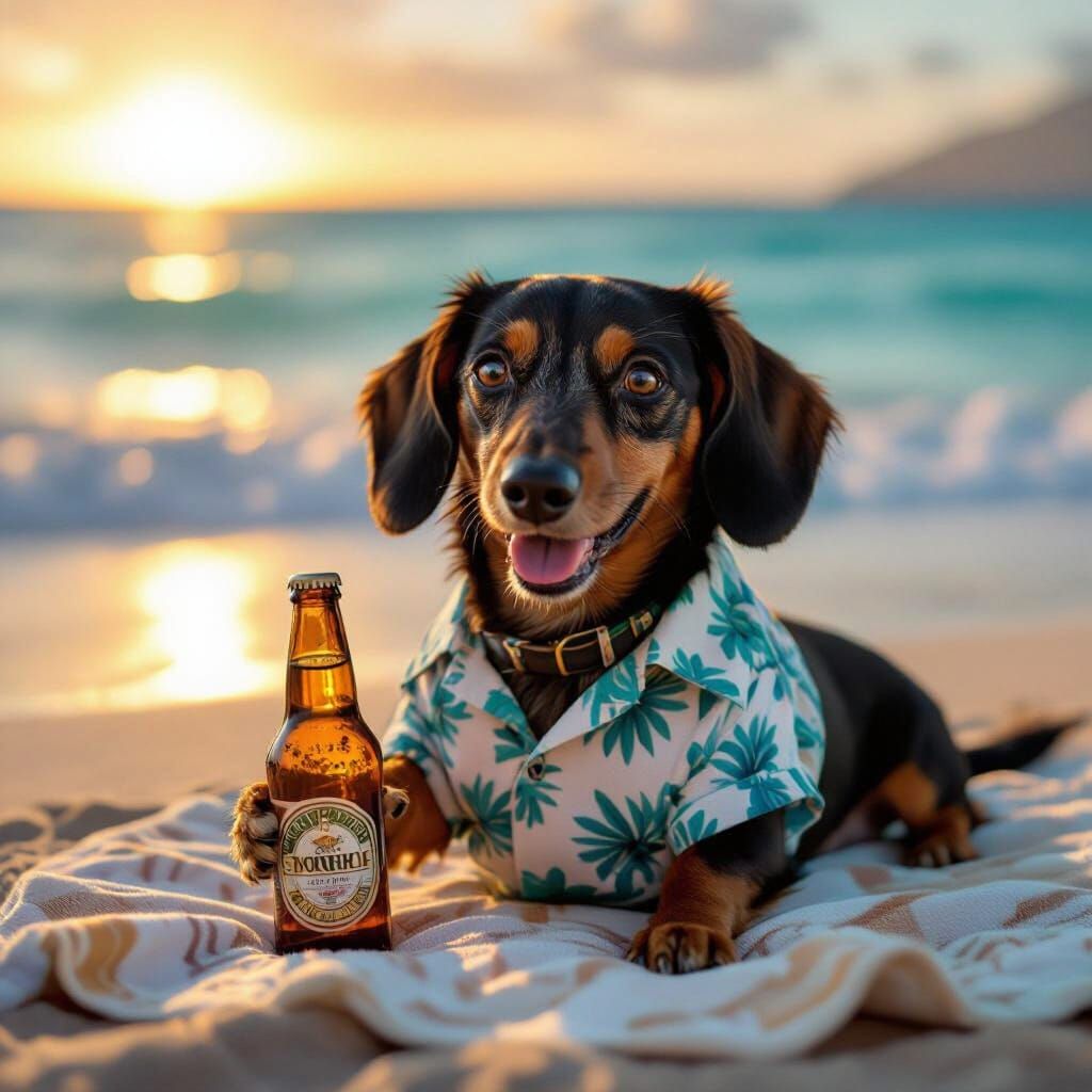 Dachshund Enjoys Beer at Sunset Beach