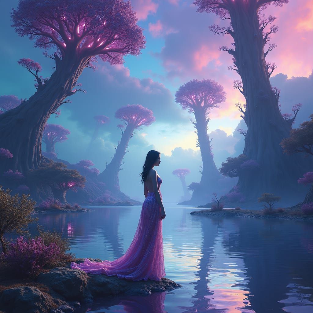 Psychedelic Alien World: Elegant Woman in Crystalline Attire