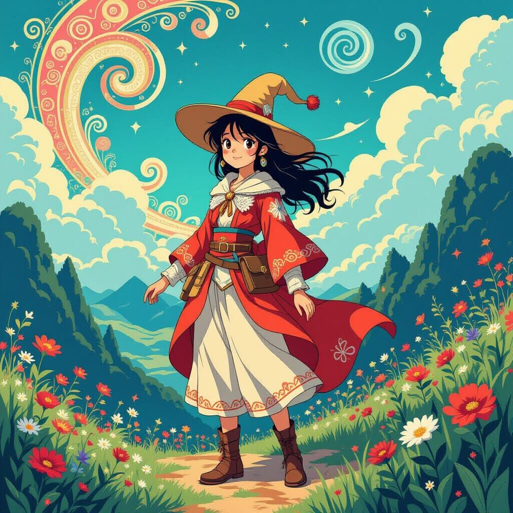 Whimsical Anime Adventurer in Dreamlike Landscape