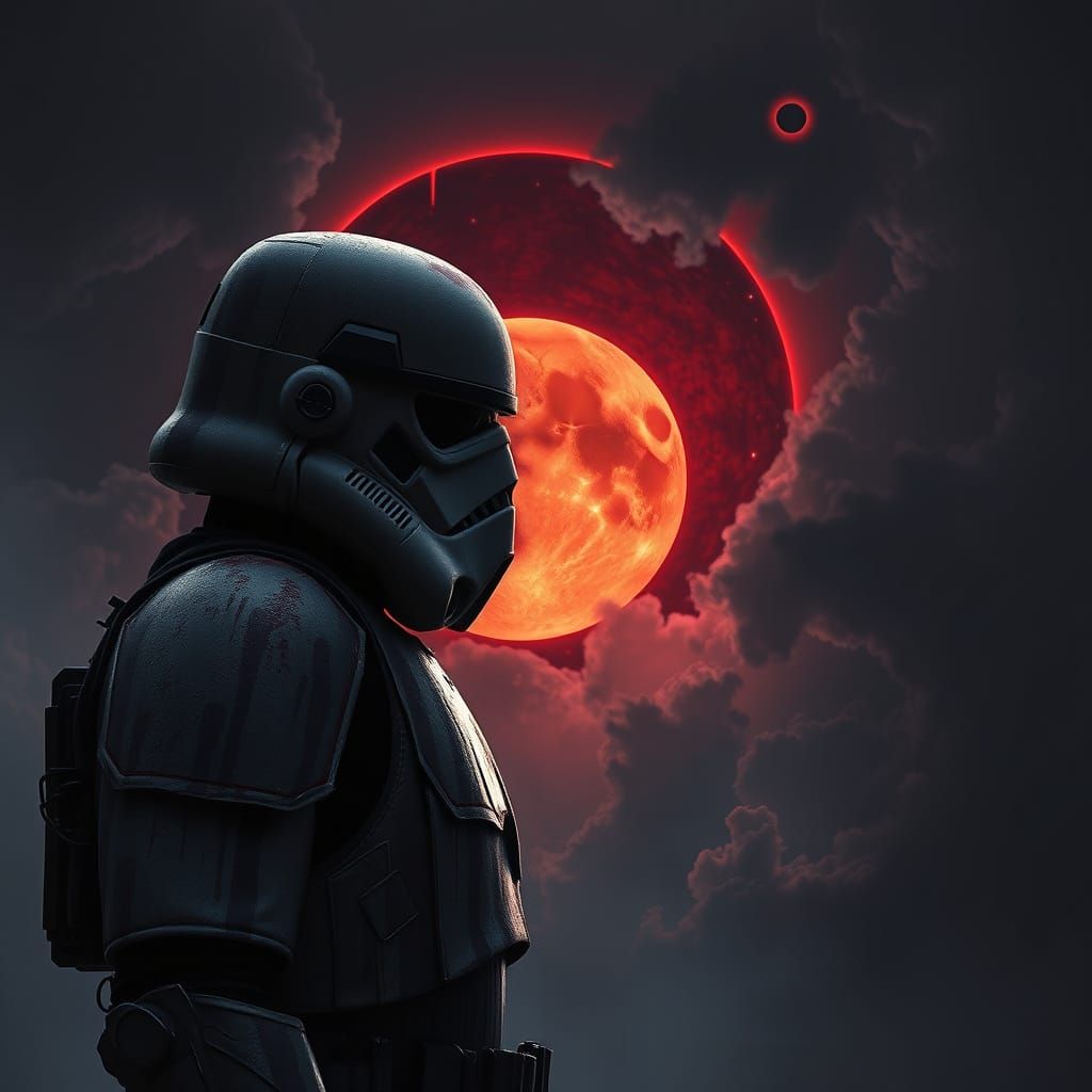 Dark Stormtrooper Stands Resolute Before Blood Moon Eclipse