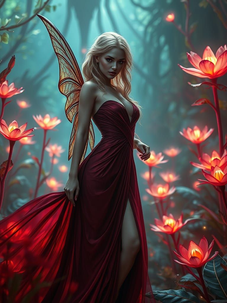 Blonde Fairy in Bioluminescent Alien Garden, Hyperrealistic ...