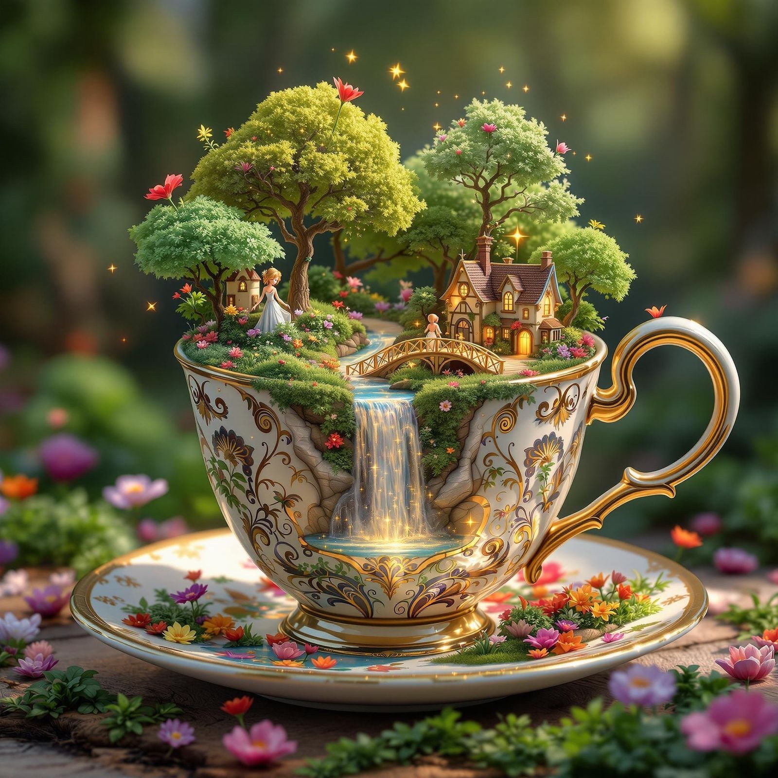 Whimsical Teacup World with Lush Forest and Waterfall