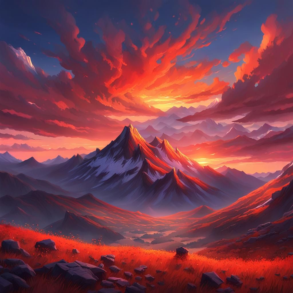 Dramatic Mountain Landscape at Fiery Sunset