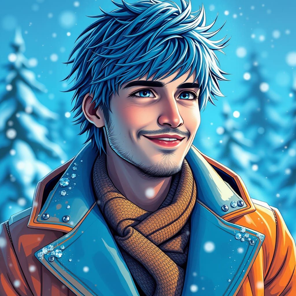 A Young Man Smiles in Winter Wonderland Art