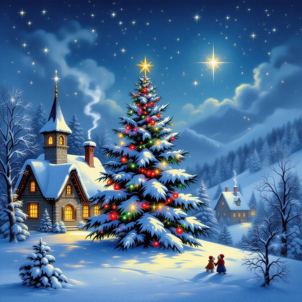 Festive Christmas Tree Under Star in Snowy Clearing