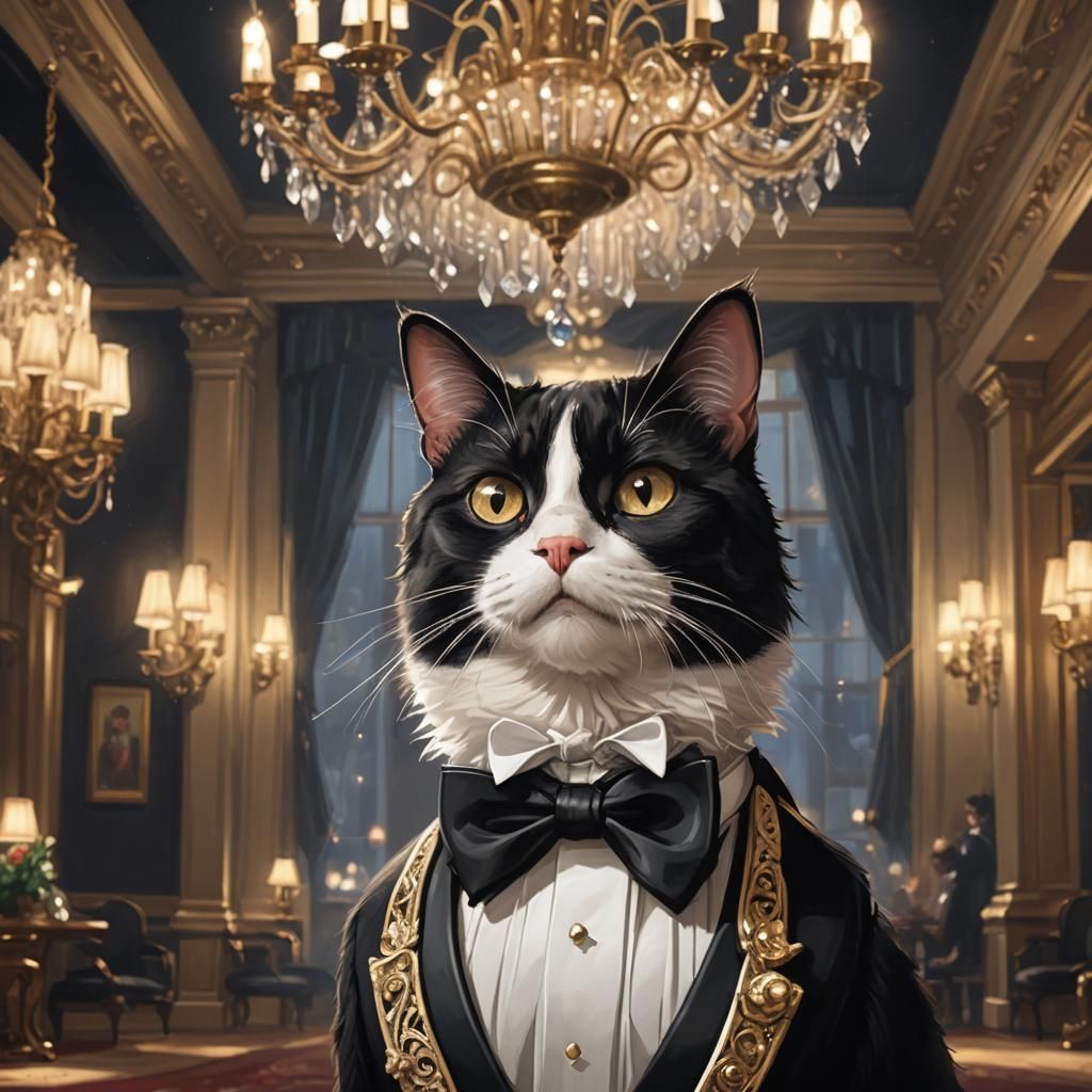 Tuxedo Cat in Ballroom: 3D Anime Art Portrait