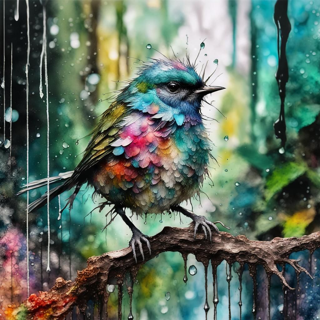 Small Bird in Magical Rainforest: Mixed Media Art
