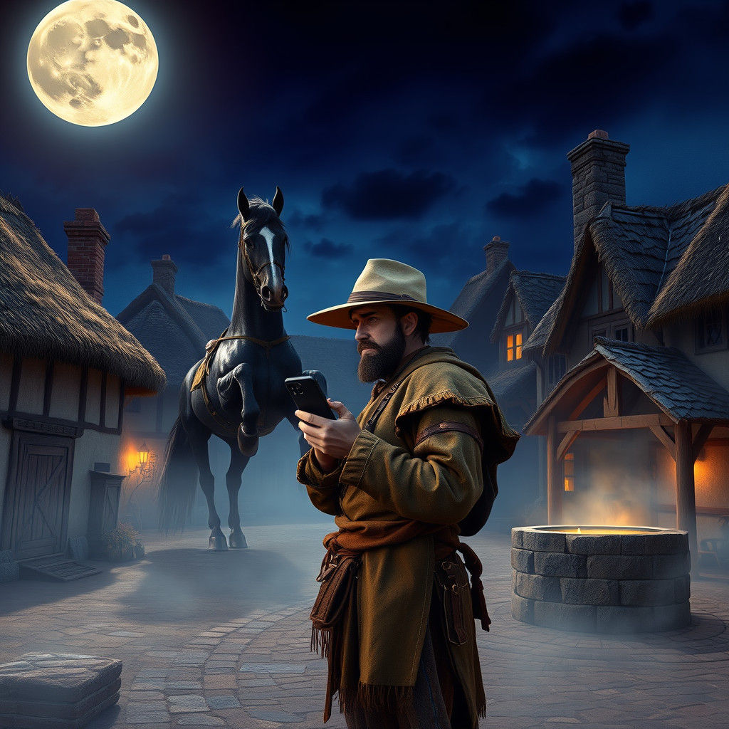 Medieval Peasant Orders Uber for Horse in Fantasy Village