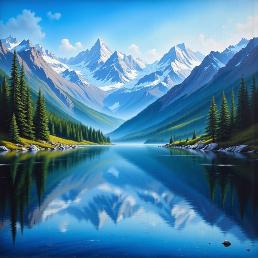 Serene Mountain Lake Reflects Snow-Capped Peaks in Oil Paint...